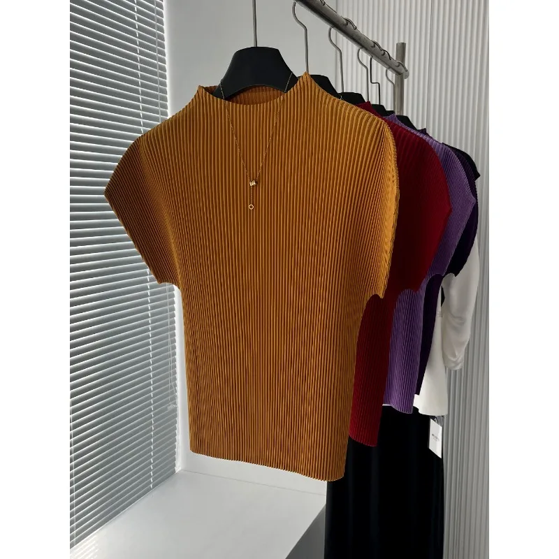 Miyake Pleated T-Shirt Basic Collection 2026 New Spring Pleats T-Shirt Stand Collar Versatile Solid Short Sleeve Top for Women