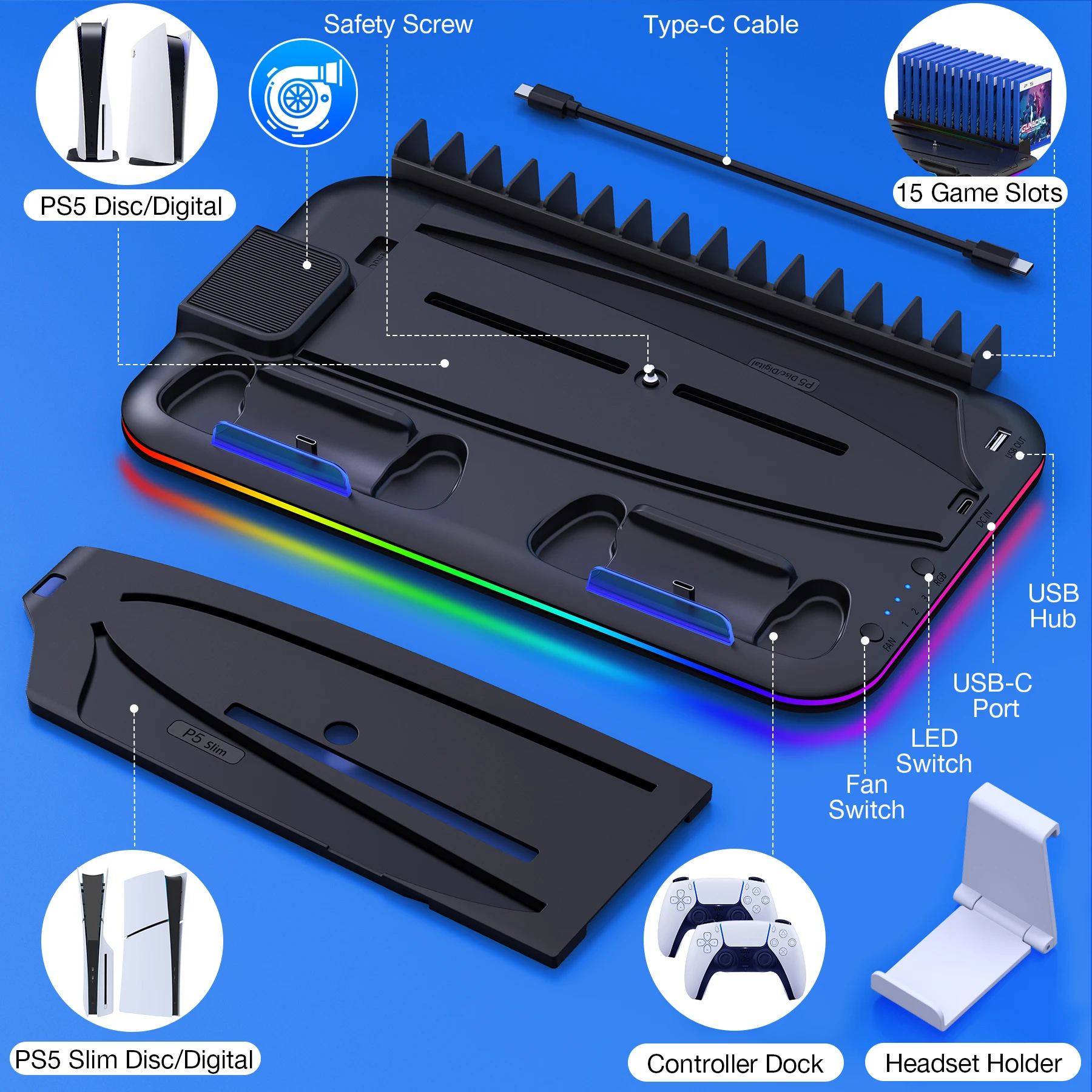 BEBONCOOL pionowy stojak chłodzący do kontrolera PS5 Slim ładowarka do konsoli Sony Playstation 5 PS5 uchwyt na zestaw słuchawkowy RGB Light