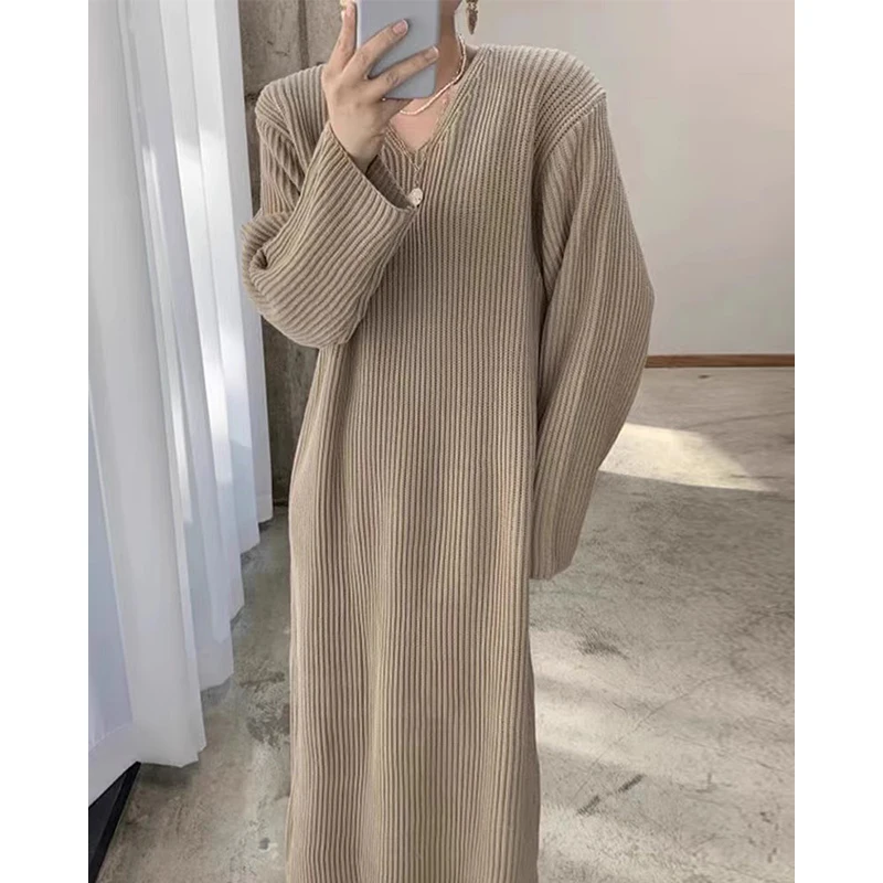 Retro V-neck Pit Strip with Loose Dresses Women Casual Long-sleeved Simple All-match Vestidos 2024 Autumn Knitted Sweater Dress