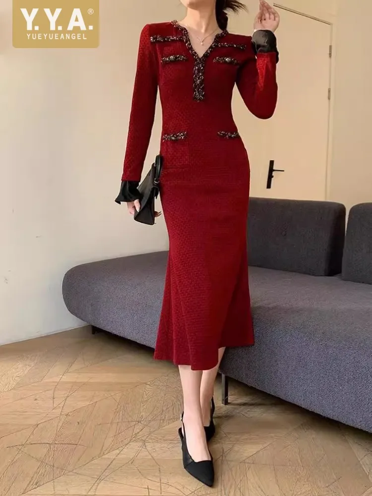 

Top Quality Tweed Webbing Elegant Dresses Long Sleeve Slim Fit V-Neck Mid Calf Length Fashion Office Lady Fish Tail Dress 2025