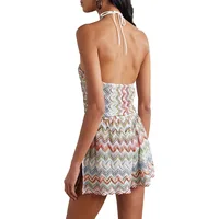 Women Halter Neck Zigzag Print Knit Romper, Sleeveless Backless Multicolor Chevron Jumpsuit, Summer Beach Playsuit - Image 4