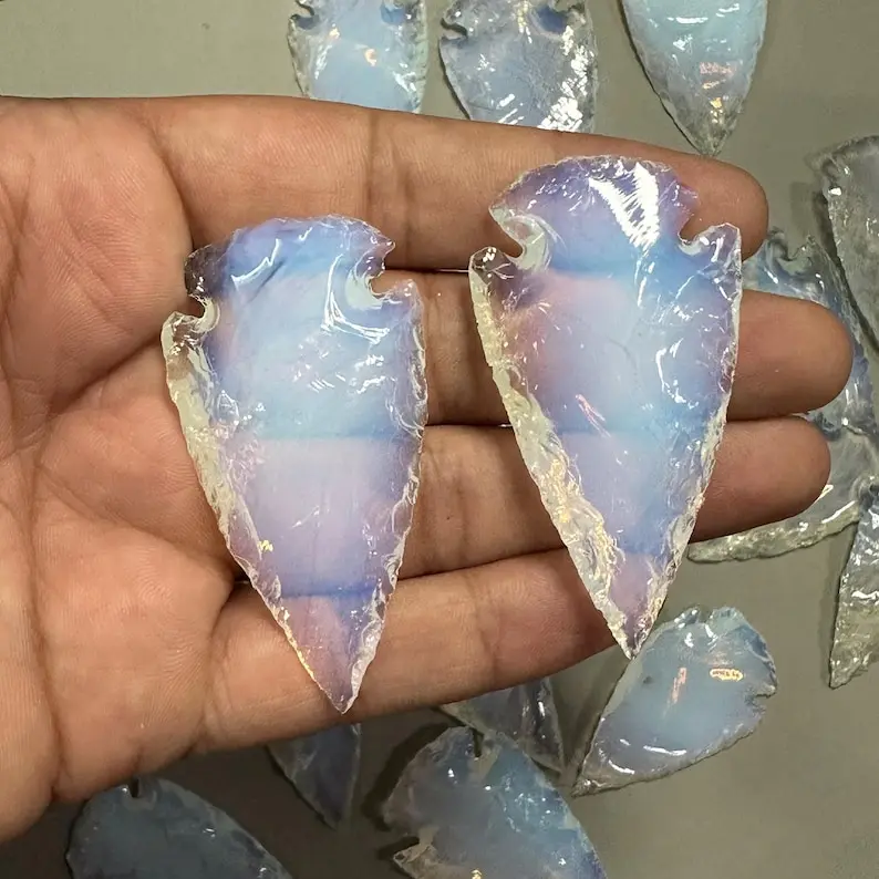 1PC Blue Glass, White Opal, Blue Opal, Hand-knocked Arrow Arrowhead Crescent Arrowhead， Shape Gemstone for Jewelry Making