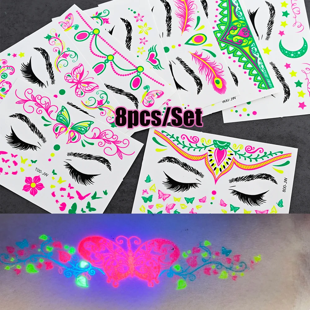 8pcs/Set Fluorescence Face Tattoo Temporary Tattoos Waterproof Makeup Decals For Party Concert Bar Music Art Festival Stickers