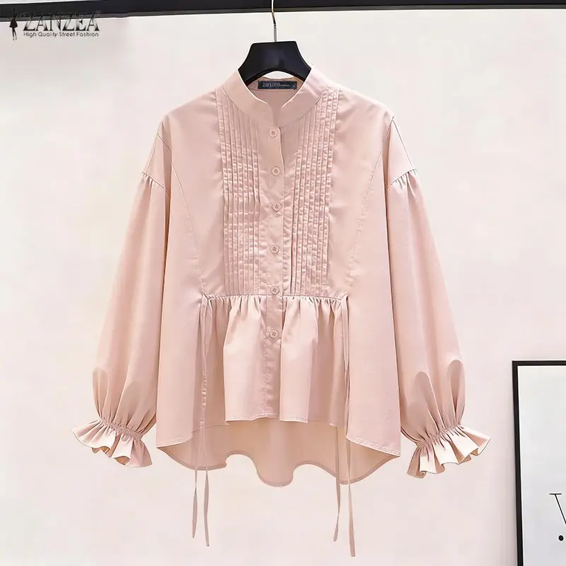 

ZANZEA Elegant Fashion Shirts Women Long Sleeve Pleated Office Lady Blouse Autumn Casual Solid Stand Collar Tunic Tops Femininas