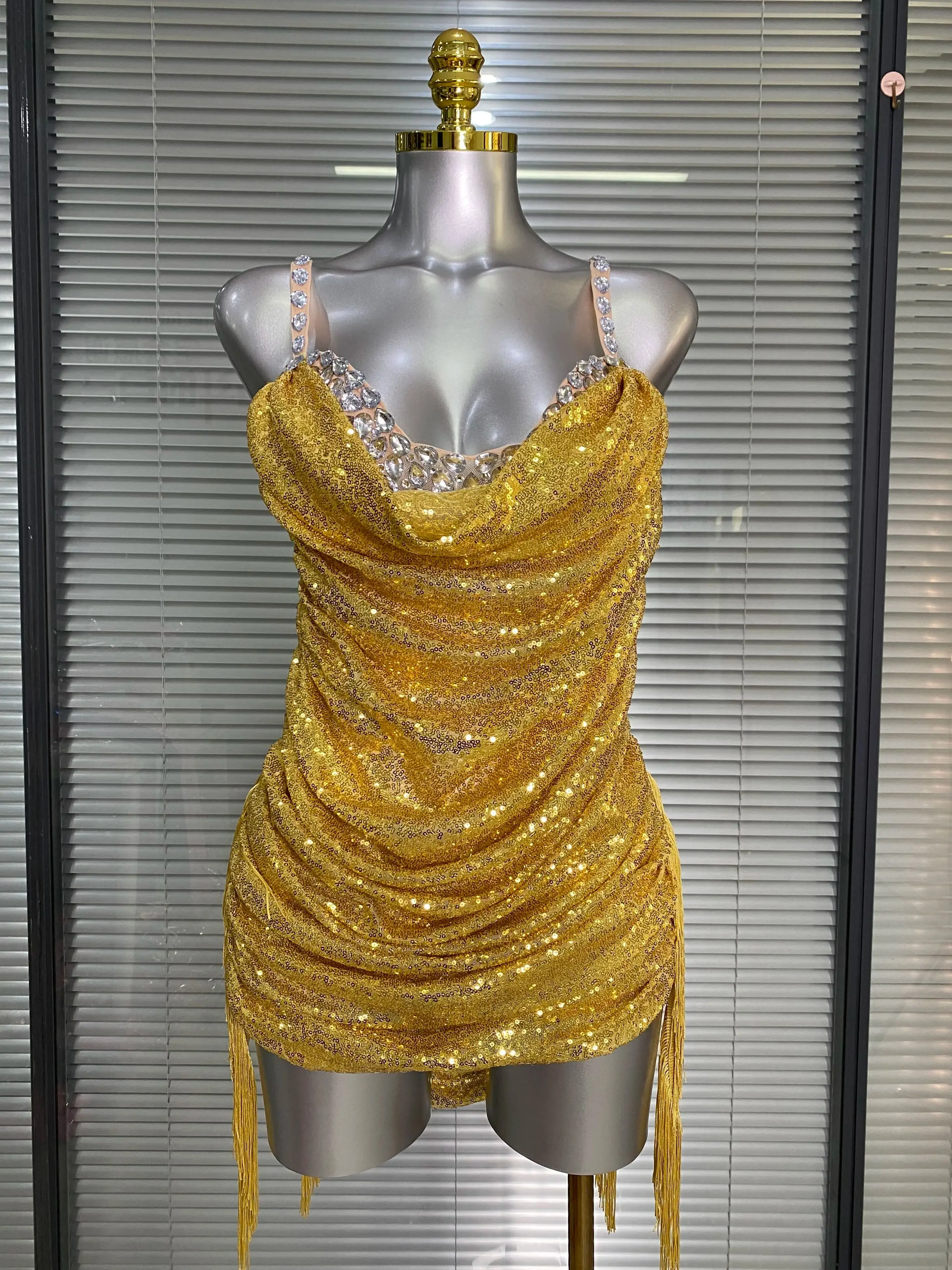 Sparkly Rhinestone Sequined Fringe Gold Bodysuit Women Sexy Backless One piece Stage Performance Costume