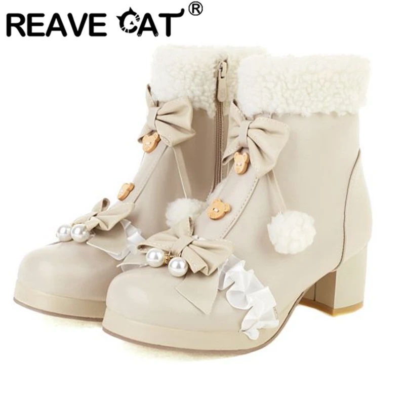 REAVE CAT Lolita Girl's Ankle Boots Square Toe Chunky Heels Zipper Ribbons Charm Large Size 33-47 Black Pink Beige Winter S2707