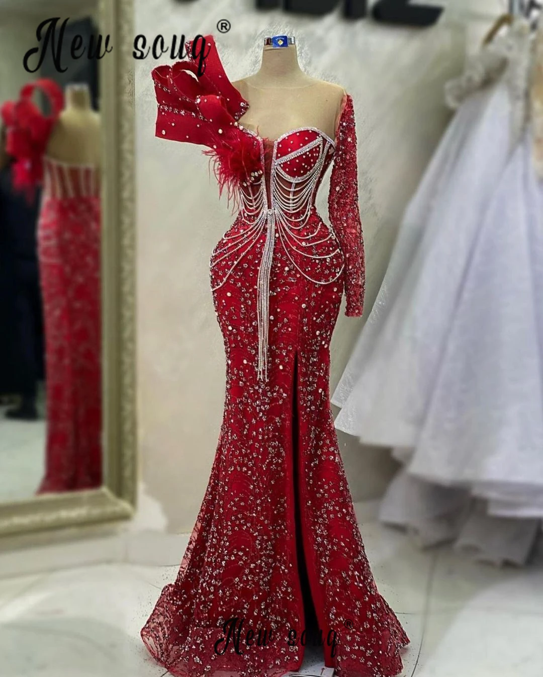 Newest Red Party Dress 2024 Dinner Night Wear Heavy Beaded Mermaid Luxury Formal Prom Gowns for Wedding Custom Made Robe Soirée