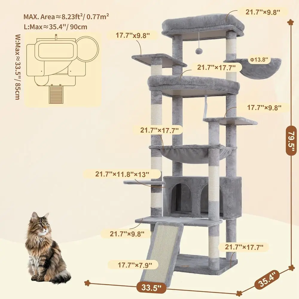 Torre interna para gatos de 80 polegadas com base grande, 2 poleiros de pelúcia, tábua para arranhar e cavernas, cinza claro