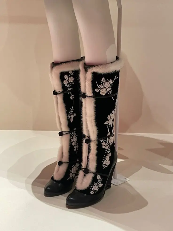 Black Patchwork Fur Round Toe Knee-High Winter Women Boots Wedges High Heels Buttom Design Large Size Warm Shoes