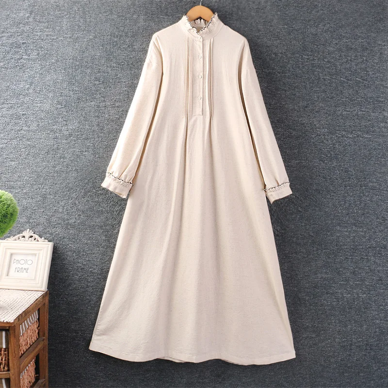 

Japanese Sweet Mori Girl Solid Color Cotton Linen Dress Women Spring Autumn Stand Collar Long Sleeve Casual Loose Midi Dresses