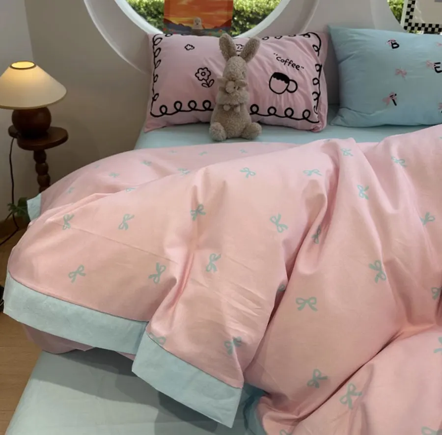 Cute embroidery bow pink bedding set 1.2 1.5 1.8 2.0,twin full queen king cotton home textile bed sheet pillow case quilt cover