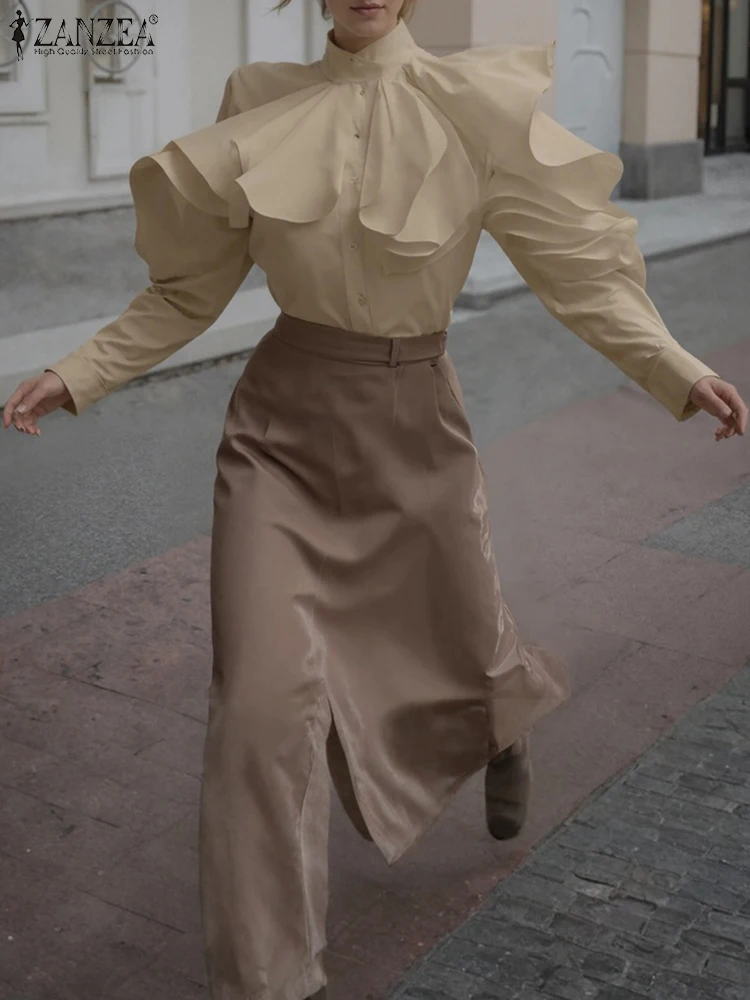 

Элегантная женская блузка с рюшами ZANZEA, рубашки с вышивкой, осень 2023, офисные женские топы с 3D длинными рукавами, повседневные уличные блузки на пуговицах