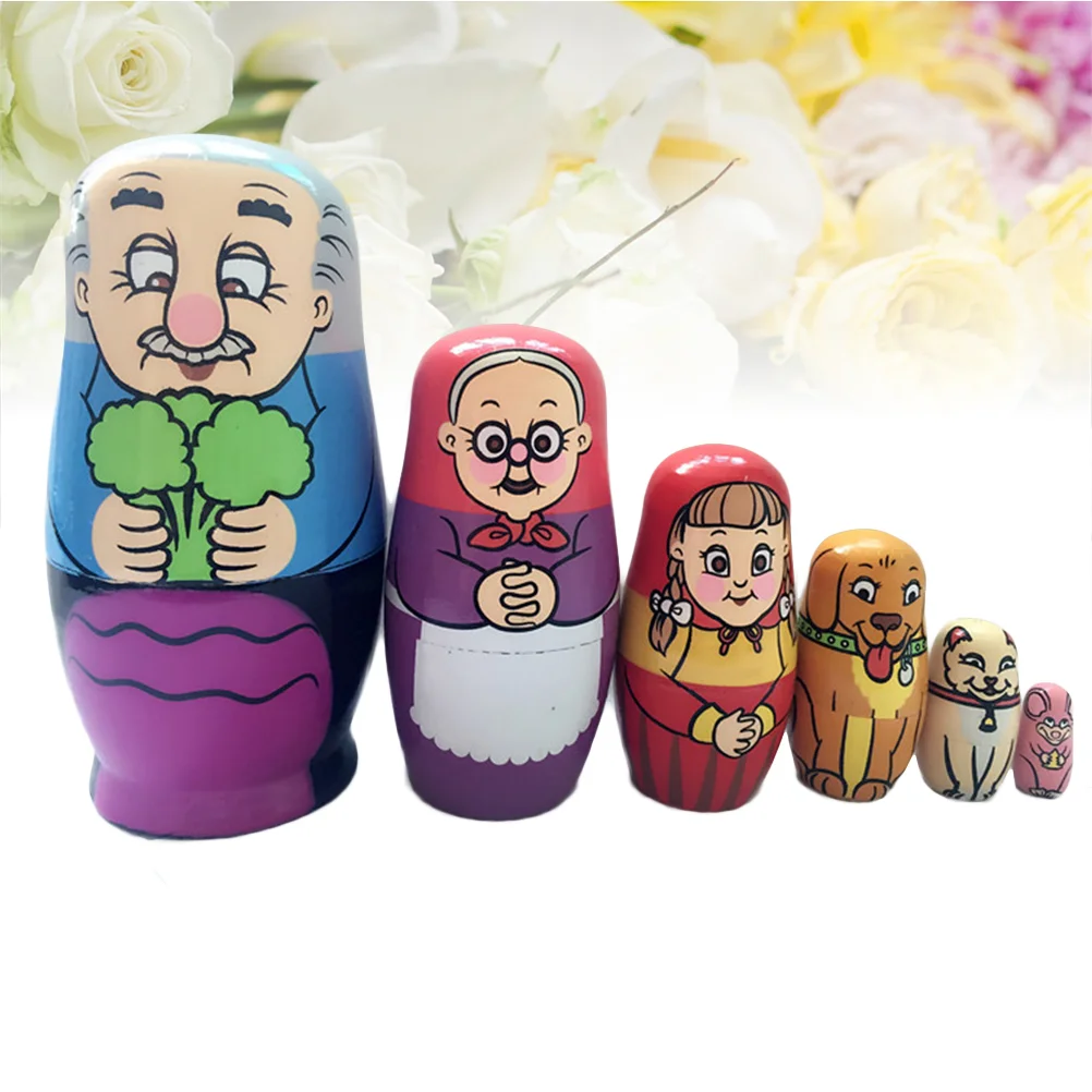 

6Pcs Beautiful Handmade Wooden Russia Nesting Dolls Gift Russian Nesting Wishing Dolls Cartoon Matryoshka Toy