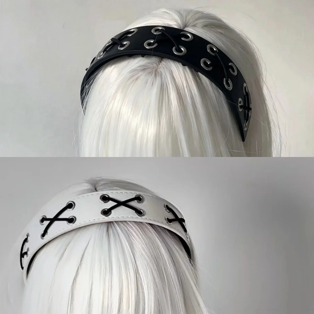 Faux Leather Headband Lace Up Eyelet Design Punk Gothic Hairband Adjustable Wide Hair Hoop Alt Subculture Street Hair Accessory