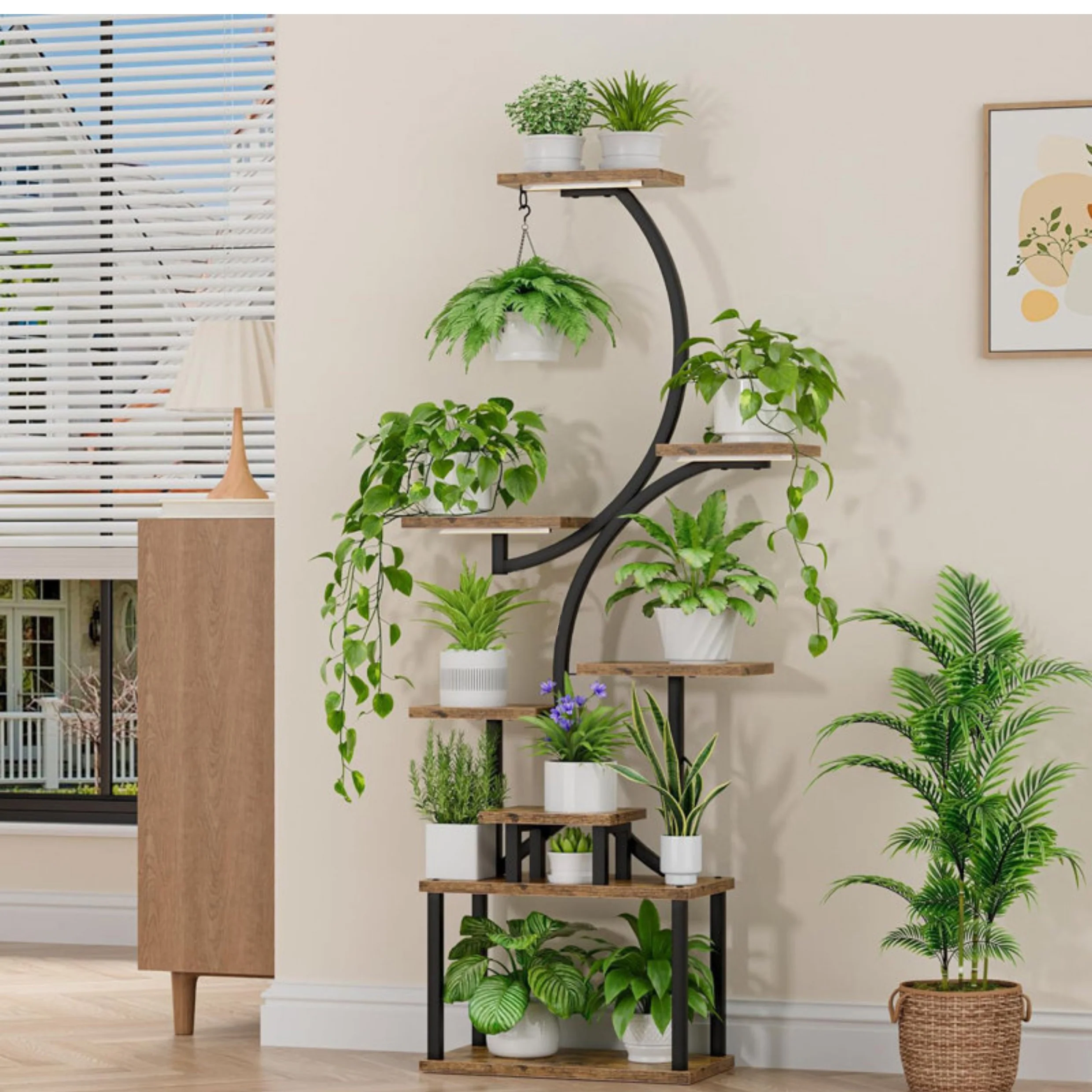 حامل زهور متطور مع مصباح نباتي، حامل نباتي داخلي، شرفة متعددة الطبقات، غرفة المعيشة #4