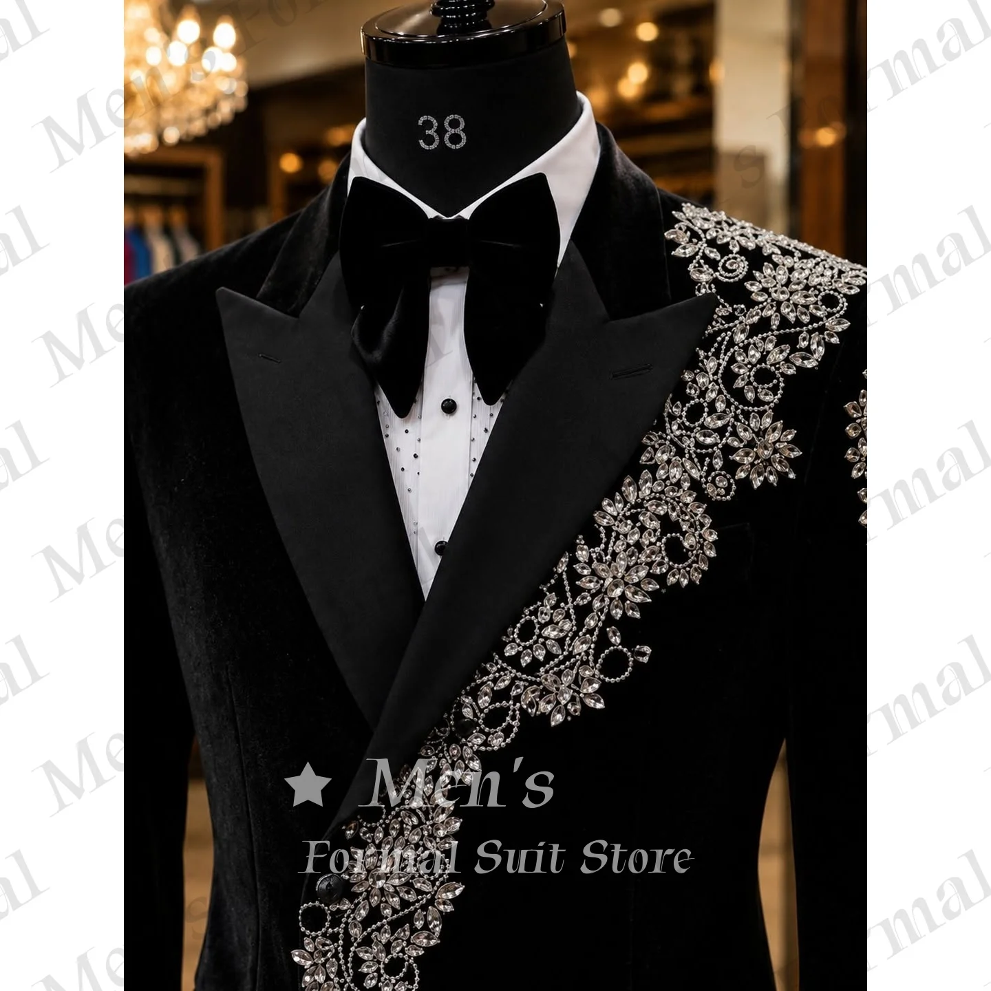

Luxury Black Velvet Men Tuxedo Jacket Rhinestone Crystal Embellished Notched Lapel Blazer Formal Wedding Prom Party Customized