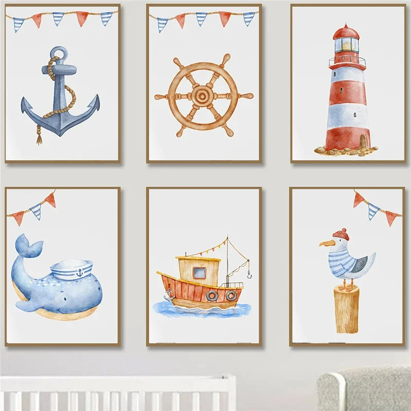 1pc frameless Canvas Painting Watercolor Nursery Nautical Ocean Boat Anchor Lighthouse Poster Prints,canvas Painting for Boy Roo