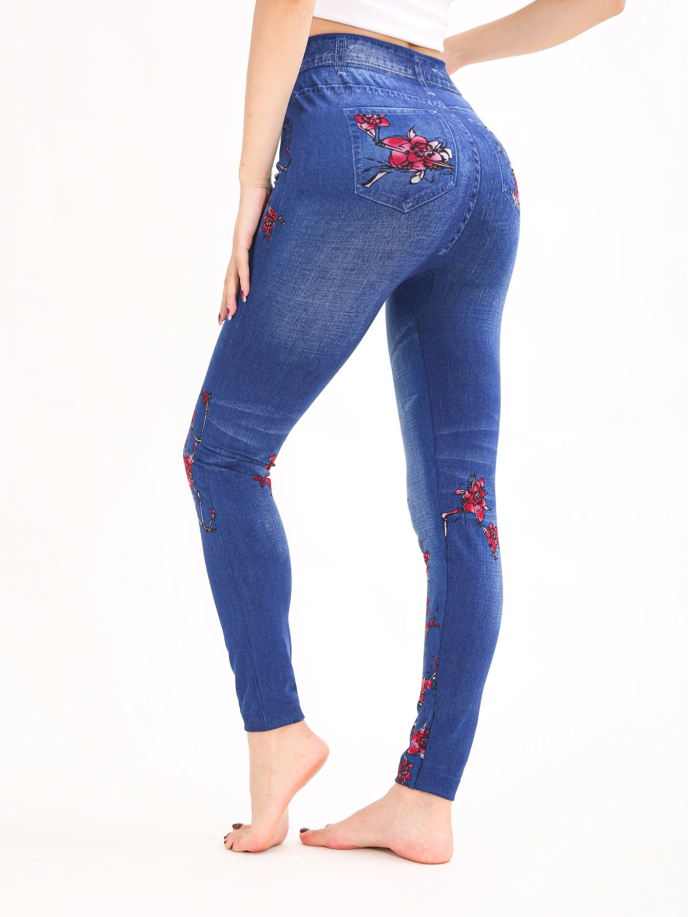 CUHAKCI خريف شتاء جديد زهر البرقوق نمط المرأة تقليد الدنيم طماق مع مخطط طباعة الرياضة ركاب الجوارب #3