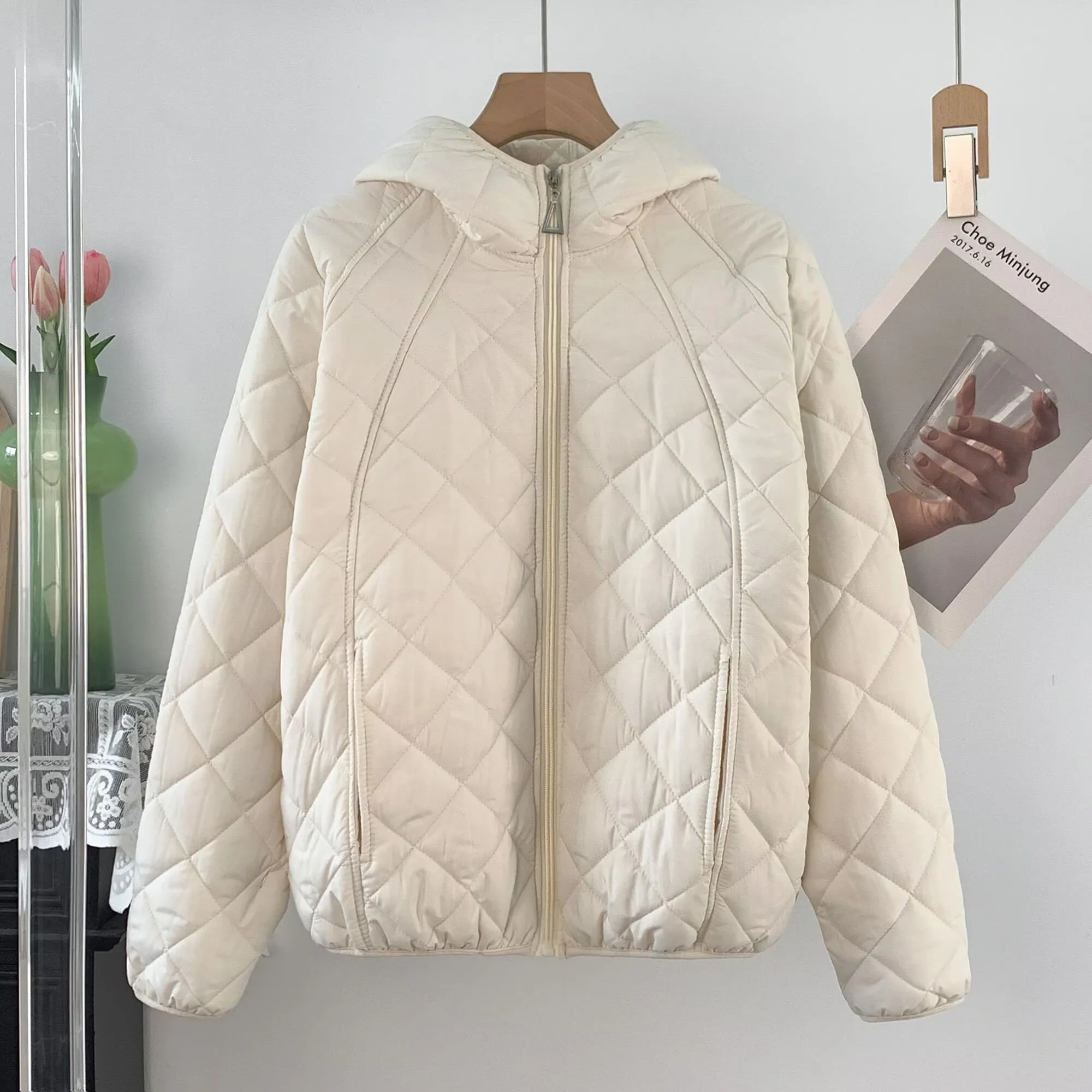 Korean Hooded Quilted Cotton Jacket Women's Short Coat Warm Slim Fit Autumn Winter New Diamond Patterned Cotton Padded Outwear
