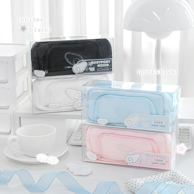 INS Sweet Wings Pencil Case for Kids Girl Soft Embroidery Clear Windows Stationery Organizer Large Capacity Bag Back To School