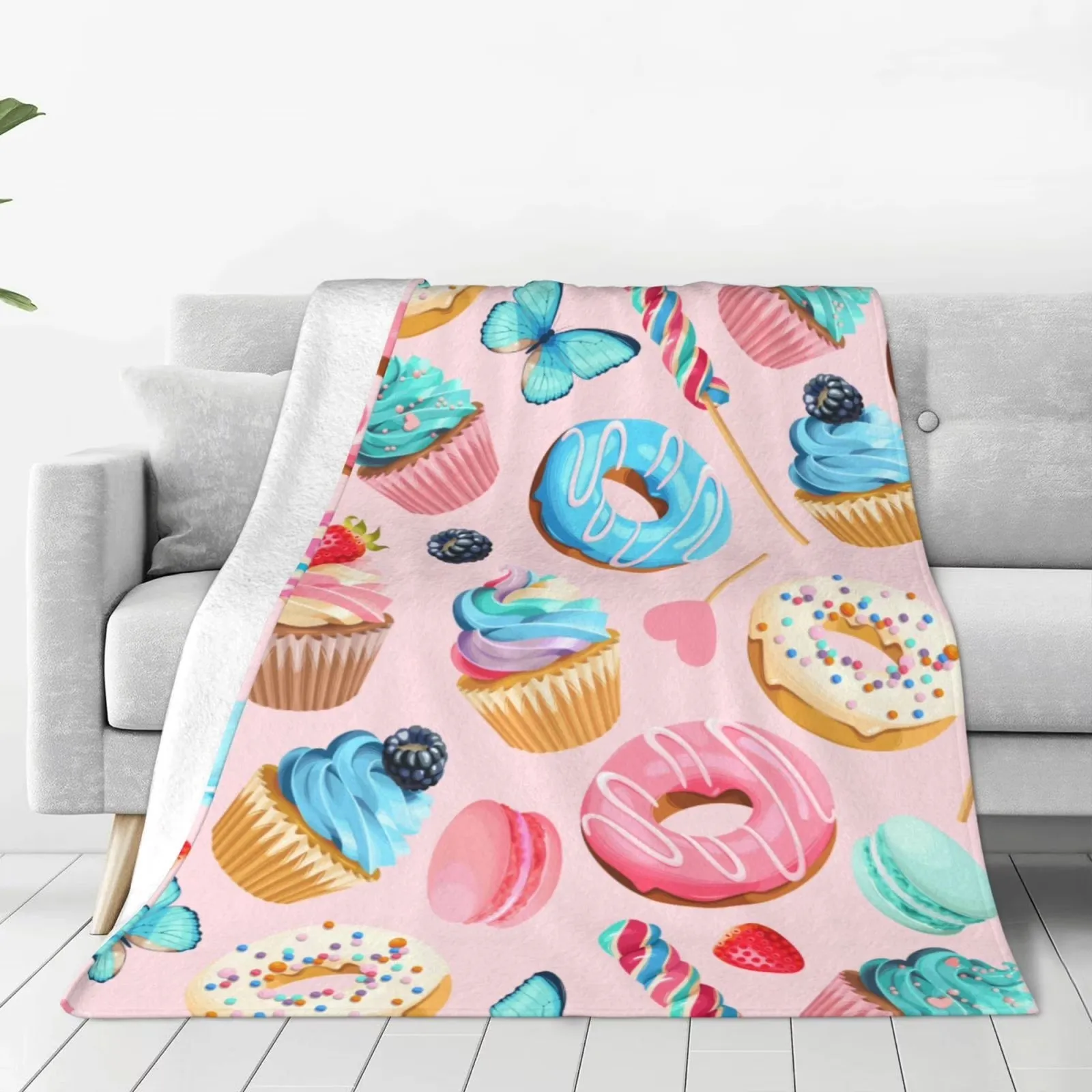Cupcakes Donuts Butterfly Print Flannel Fleece Throw Blanket Soft for Sofa Couch Bed