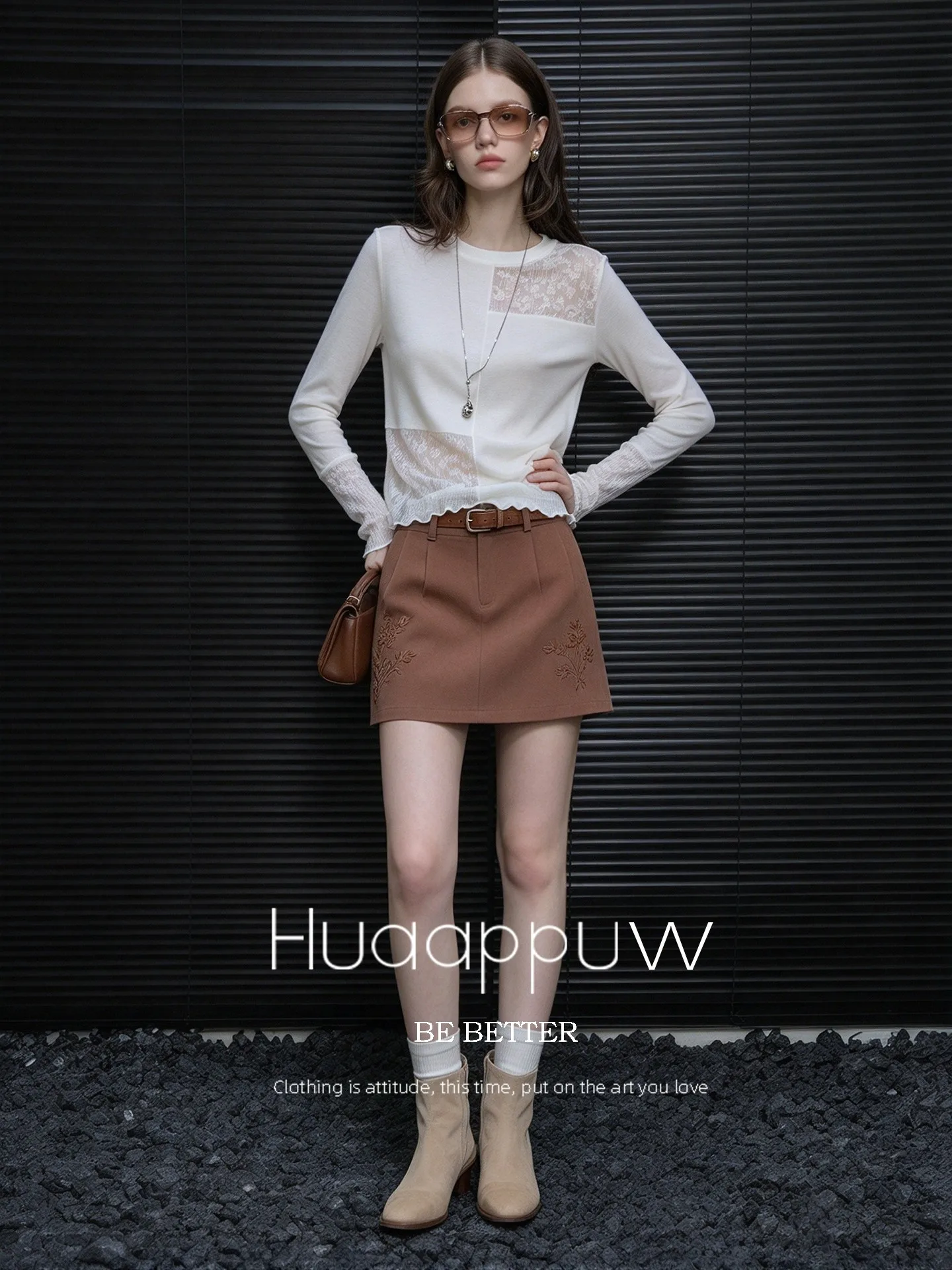 Huaappuw Lace Splicing Hollow out T-Shirt Women's Autumn New Style Base Top Wooden  Ruffle French Style Standard Fit