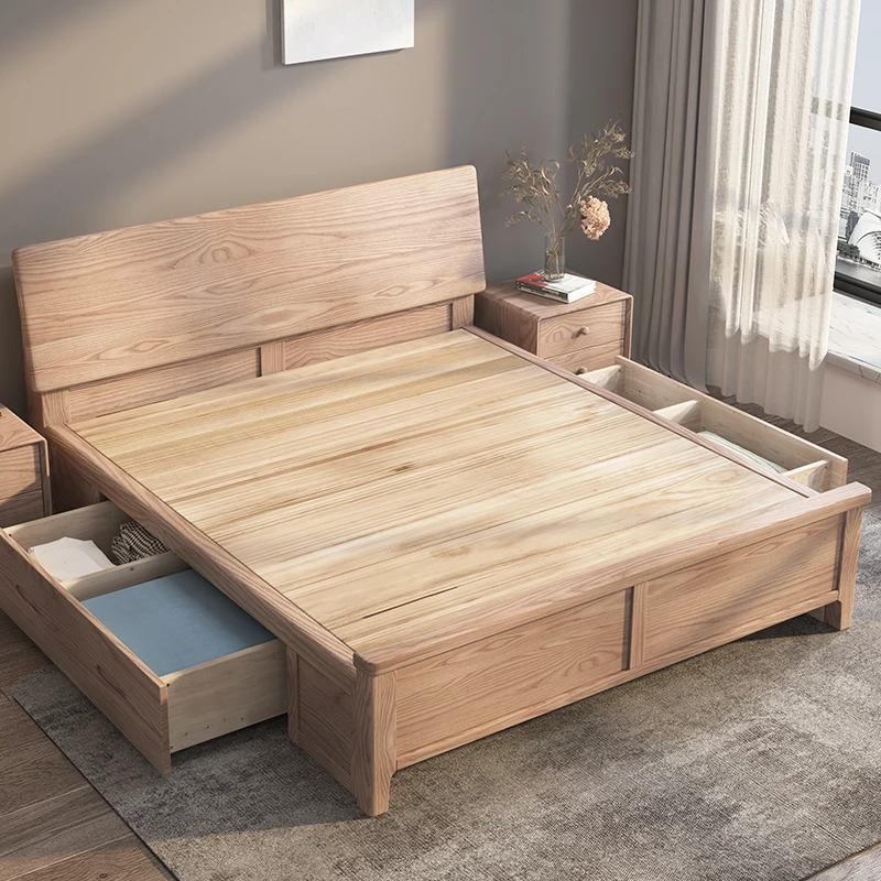 White wax wood full solid wood bed, sold directly by the original wood factory, modern simple single bed, 1-2 meter storage