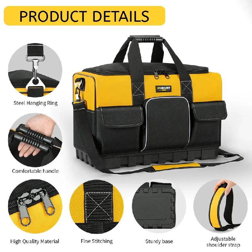 Sac à outils robuste avec large ouverture et fond moulé - Bandoulière réglable, polyester durable, jaune/noir