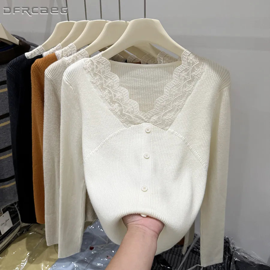 

Autumn Winter Stretch Women's Knitted Top Lace Patchwork Slim-Fit Long Sleeve Casual Bottoming Sweater Clothing