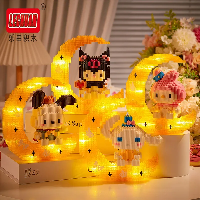 Linkgo Sanrio Building Blocks Illuminazione lunare Kuromi Cinnamoroll Pochacco Melody Assembly Modello 3D Mini Figura di mattoni Giocattolo per il regalo