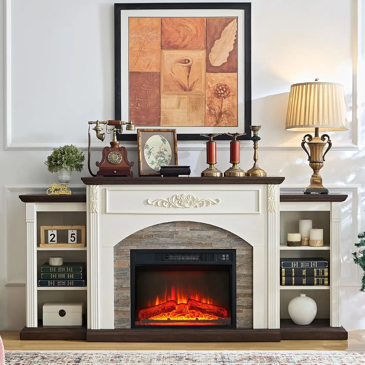 Electric Fireplace with Mantel, White TV Stand for TVs Up to 80 Inch, Farmhouse Entertainment Center with Storage