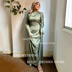 LISM Modest Muslim With Hijab Arabic Women Evening Dresses  Silk Chiffon  O-Neck  Long Sleeves Formal Party Prom Gowns