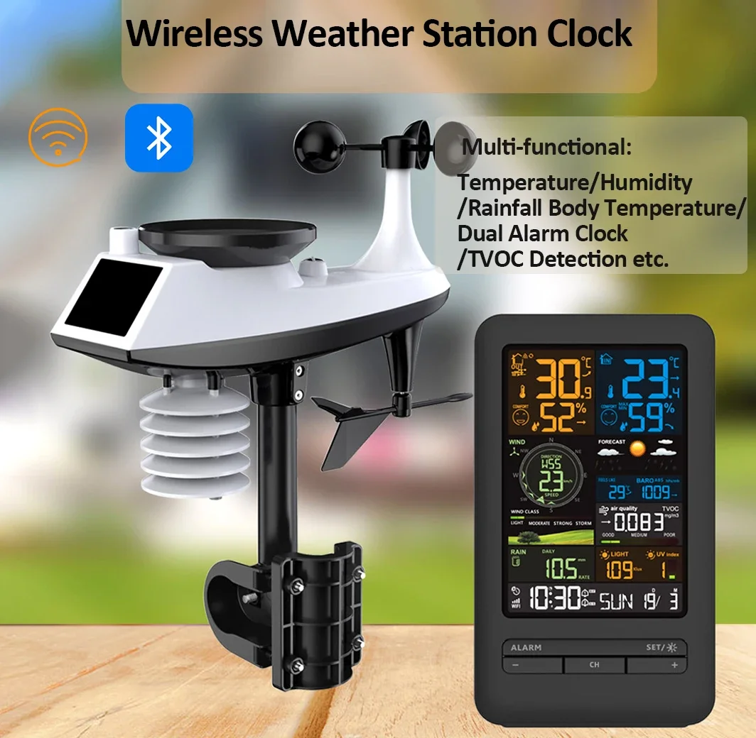 WiFi Smart Weather Station Smart Home Digital Thermometer with Sensor Temperature Humidity Date Light Index Air Quality Monitor