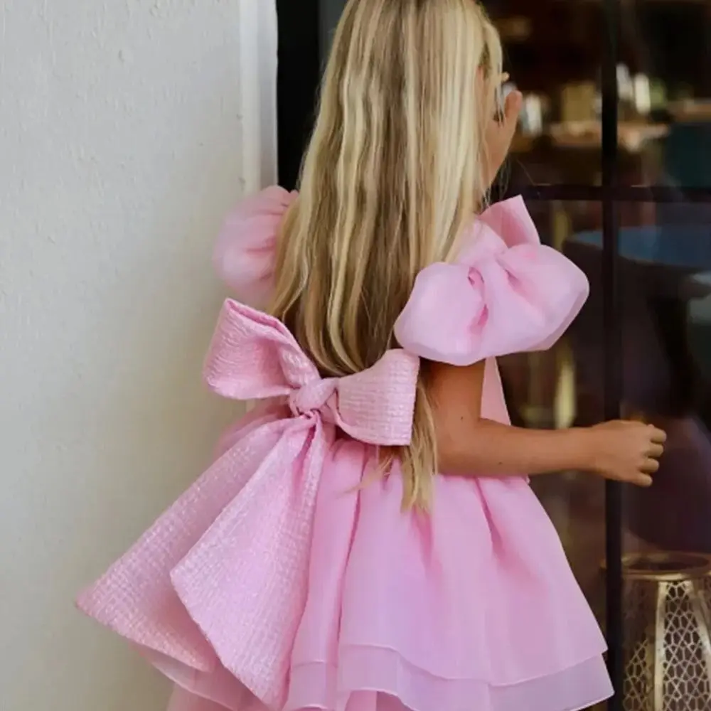 

Princess Pink Pleat Bow Short Sleeve Flower Girl Dresses For Wedding Mini Length Sweep Train Elegant First Communion Gown Custom