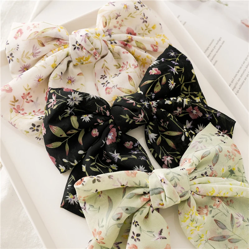 Factory Wholesale Fashion Hair Accessories Big Double Chiffon Print Fabric Bowknot Hairpins For Woman Girls