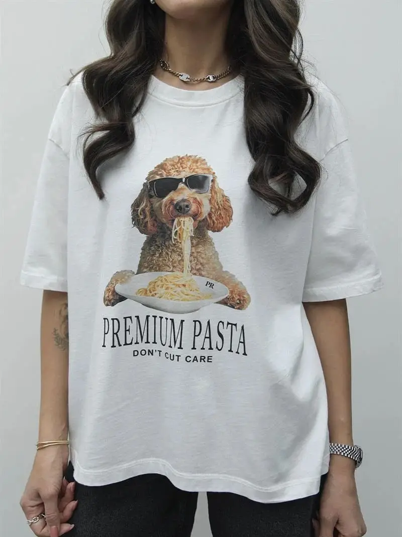 

Хлопковый топ с принтом щенка в американском солнцезащитных очках, лето 202, свободная футболка с короткими рукавами в европейском и американском стиле