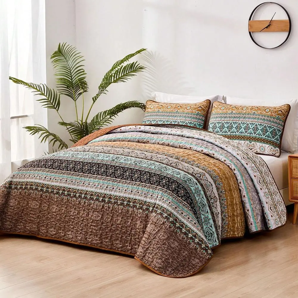 

Pieces Boho Queen King Quilt Sets, Brown Bohemian Quilt Bedding Set, Lightweight Microfiber Bed Decor Bedspread For All Season 9