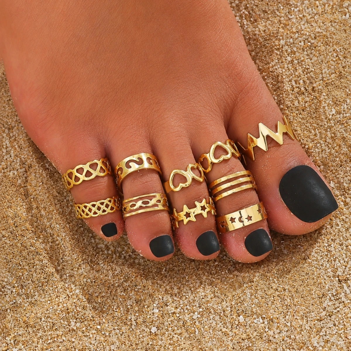 10pcs Adjustable Toe Rings Set, Includes Snake, Star, Moon, Heart Suitable For Women Foot Rings Summer Beach Jewelry