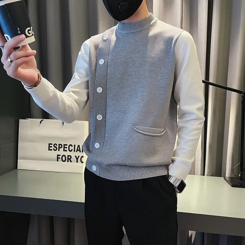 Sweter męski z golfem, dwuczęściowy sweter na jesień i zimę, kontrastowy top w stylu amerykańskim z kieszenią na guziki.