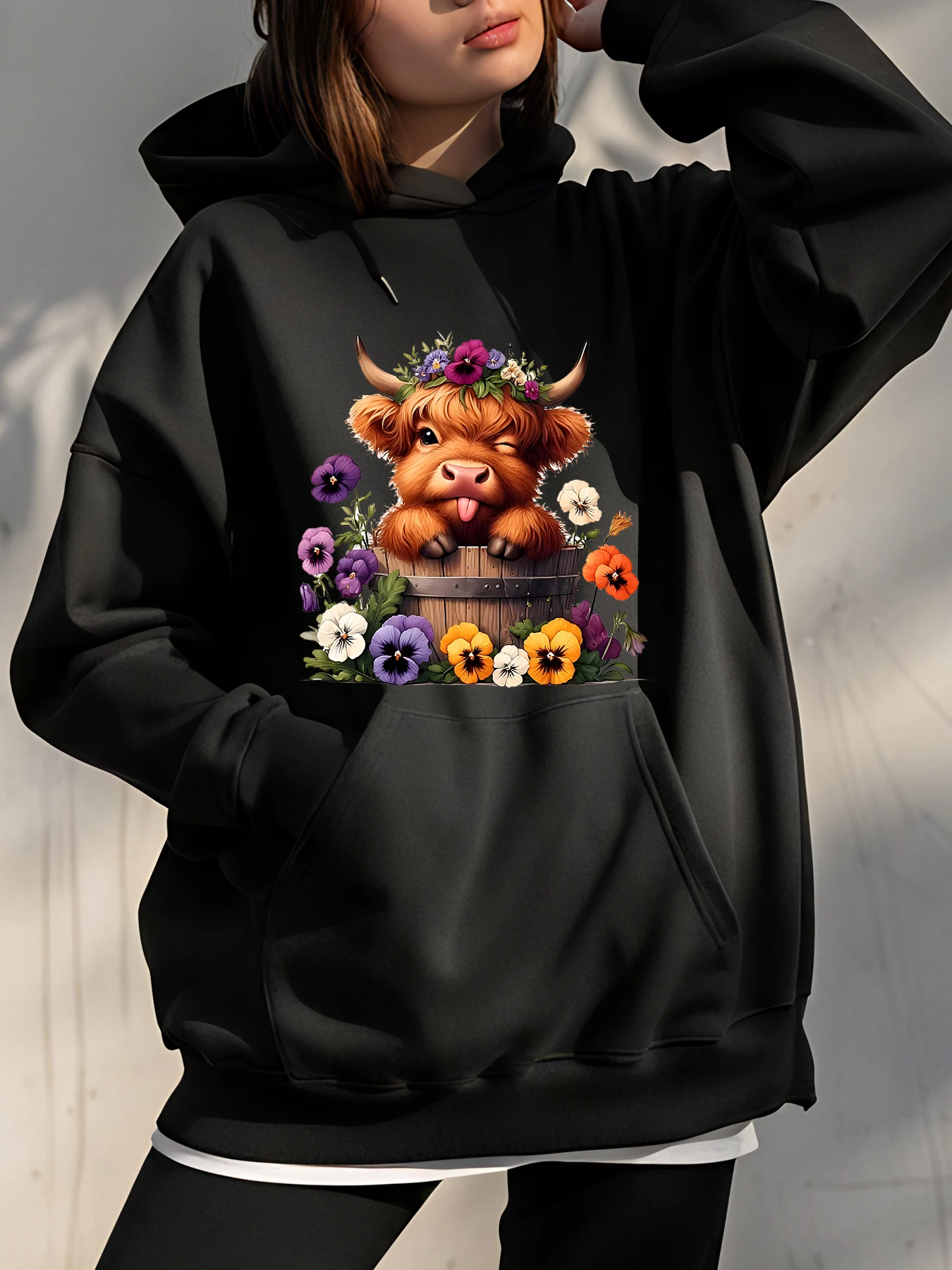 Floral Cow Hoodie With Vibrant Garden Print Casual Streetwear For Women Outdoor Spring Look