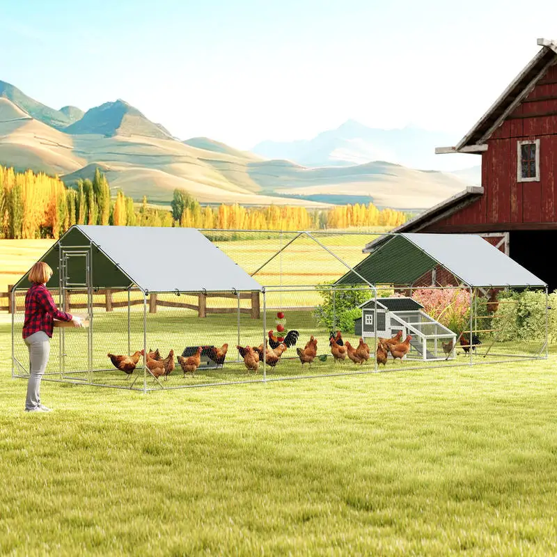 

Large Metal Chicken Run with Waterproof & UV-Resistant Cover, Feeding Door, Hanging Feeder, Perch, for 24-30 Chickens