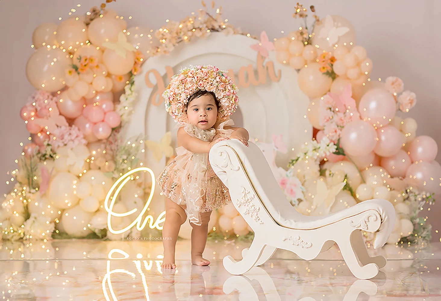 Pretty Peach Pink Balloons Arch Backdrops Kids Baby Birthday Cake Smash Photocall Decors Floral Photocall Backgrounds