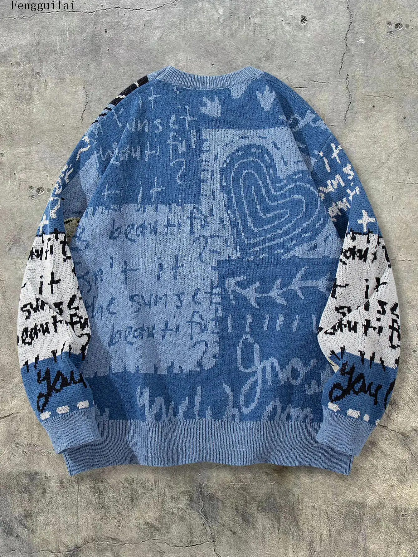 Unisex Graffiti Cartoon Jacquard Sweater Crew Neck Oversized Loose Knit Pullover Streetwear Letter Heart Pattern Casual Jumper
