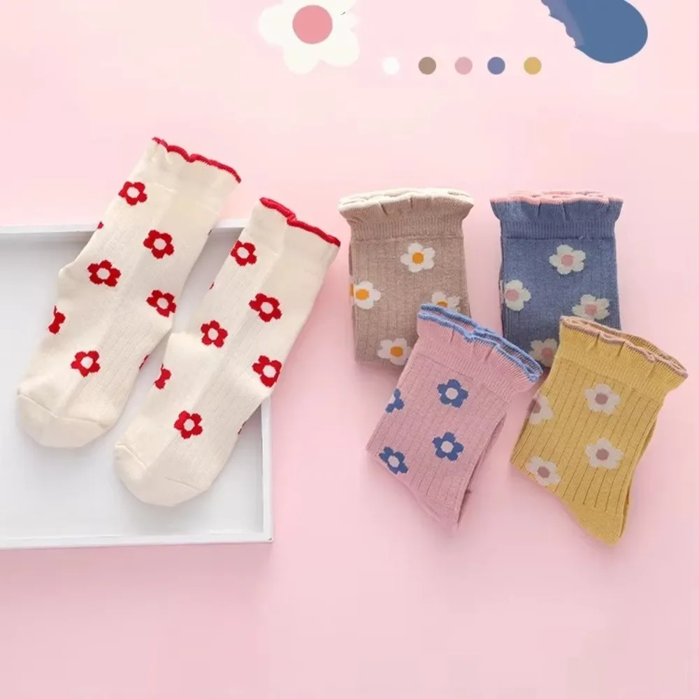 5 Pairs 5 Pairs Pack Kids Crew Socks Floral Print Soft Breathable Cotton Girls Floral Socks Crew Length Ruffle Cuff