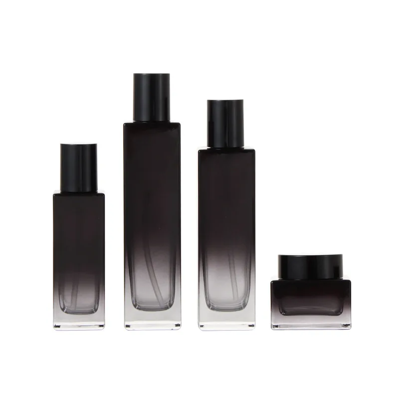 6 Stück schwarze Glasflaschen mit Farbverlauf und Pumpspender, nachfüllbare Behälter, leere Cremetiegel für Hautpflege, Lotion, Make-up-Aufbewahrung. – Detail 7