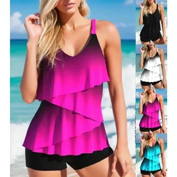 New Comfortable Summer Women's Vacation Swimsuit with Rose Red Gradient Ruffle Edge Two-piece Set S-6XL