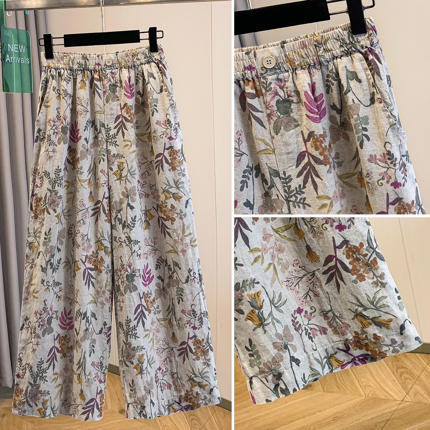 High-End Anti-Aging plus Size Women's Floral Print Elastic Waist Summer Pants Versatile Casual Cotton Linen Blend Wide Leg Tr...
