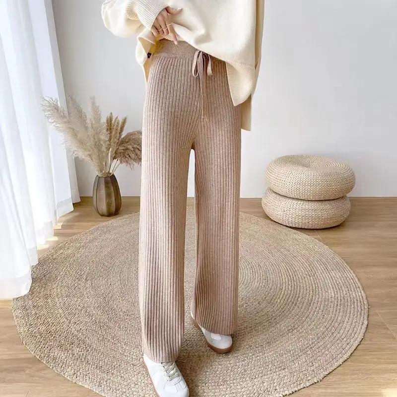 

Autumn and winter drape high waist knitted wide-leg pants women loose straight-leg trousers strappy casual sweater pants female