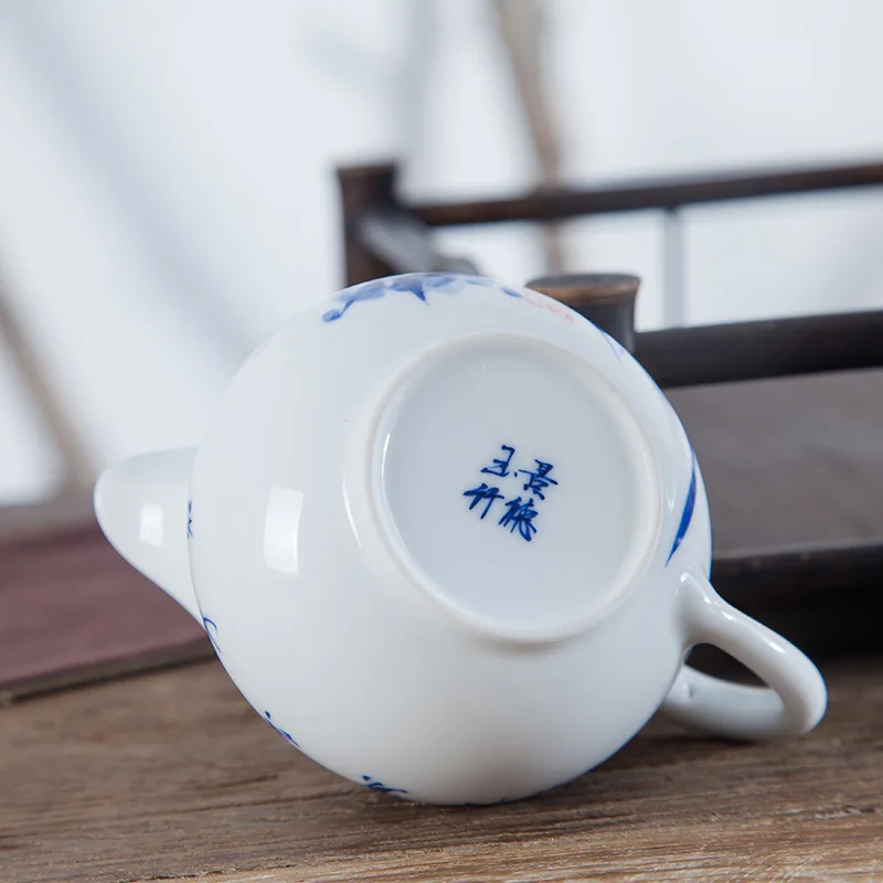 Jarra de Cerámica Jingdezhen, Porcelana con Diseño de Cáscara de Huevo, Pintada a Mano en Azul y Blanco, Juego de Té, Tetera con Asa Lateral, Hecha a Mano, para Ceremonia Kung Fu