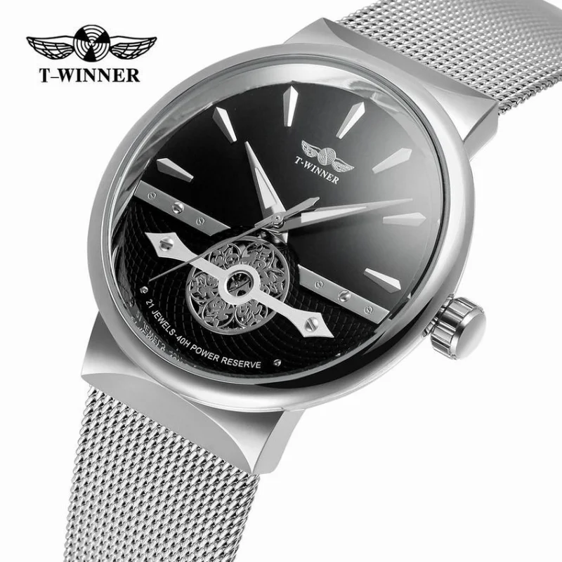 Reloj mecánico automático para hombre, cronógrafo con correa de malla hueca, informal, a la moda, resistente al agua, OUTLETST-WINNER, Envío Gratis